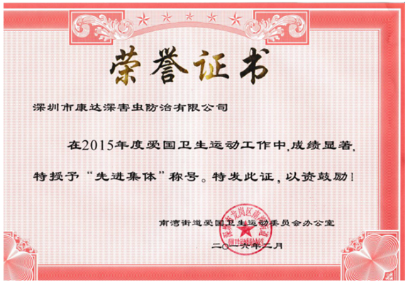 2015年度先进单位荣誉证书